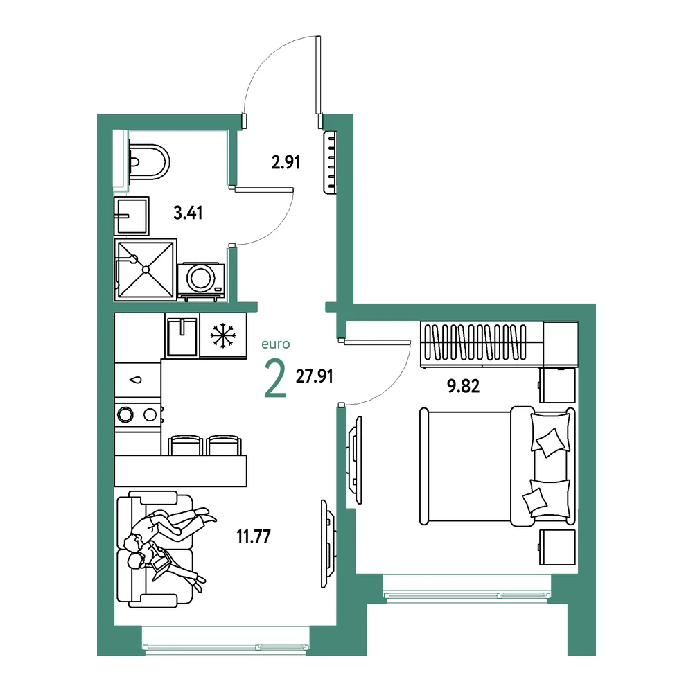Планировка: Остров-сад 2-комнатная 27,91м²