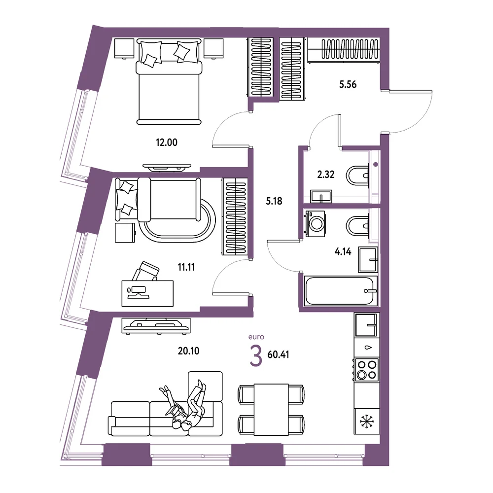 Планировка: Остров-сад 3-комнатная 60,41м²