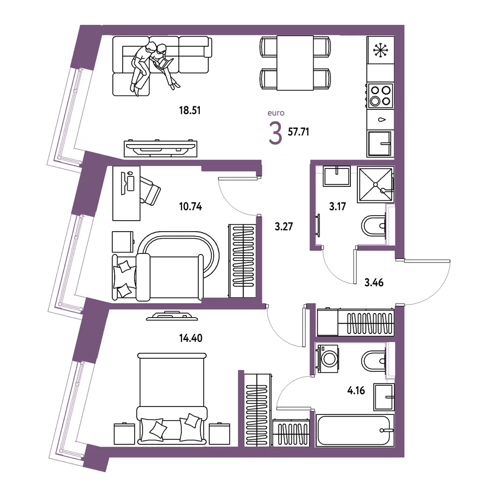 Планировка: Остров-сад 3-комнатная 57,71м²
