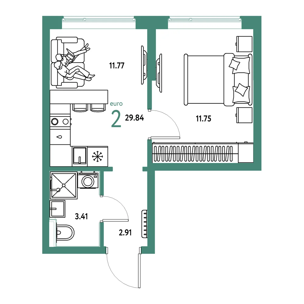 Планировка: Остров-сад 2-комнатная 29,84м²