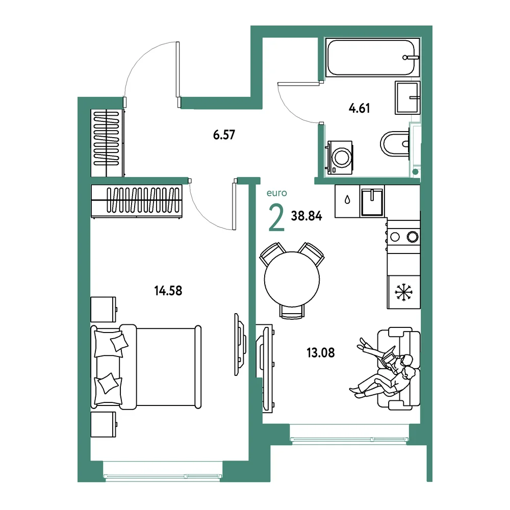 Планировка: Остров-сад 2-комнатная 38,84м²