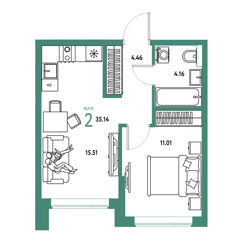 Планировка: Остров-сад 2-комнатная 35,14м²