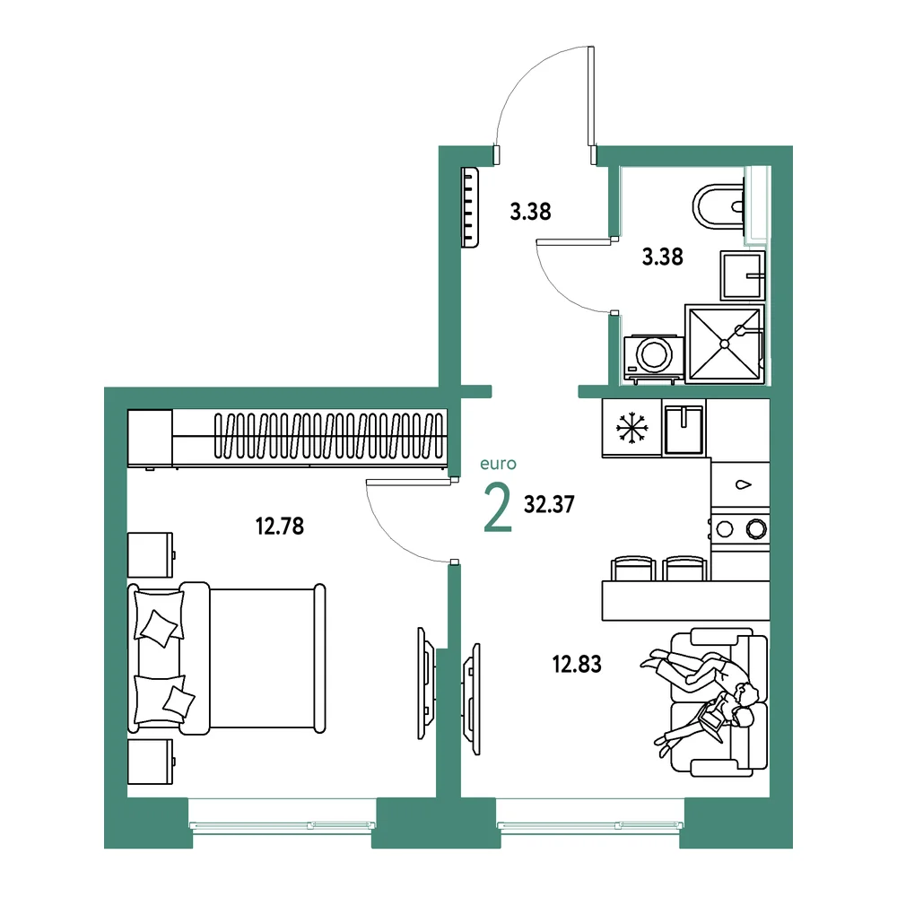 Планировка: Остров-сад 2-комнатная 32,37м²