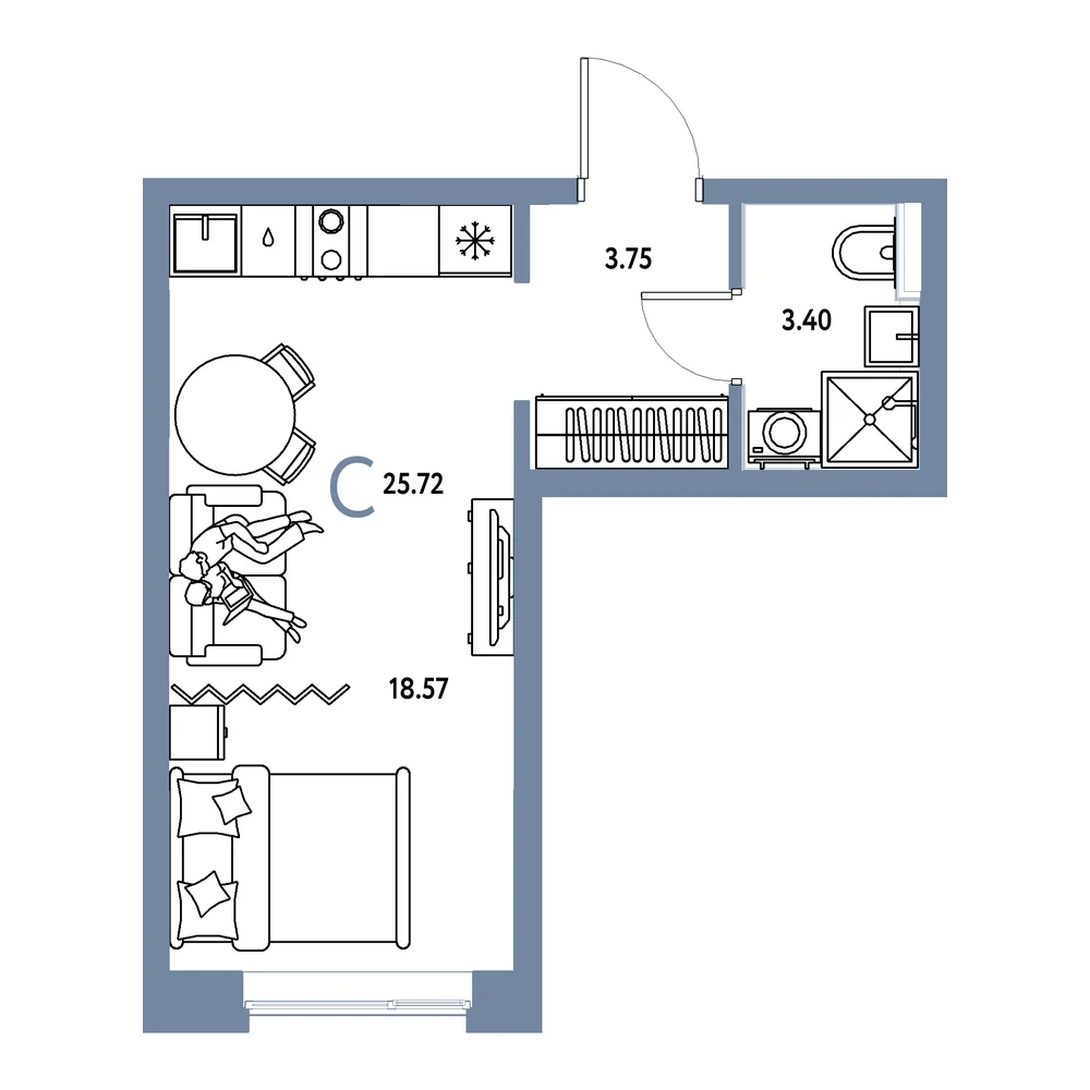 Планировка: Остров-сад Студия 25,72м²