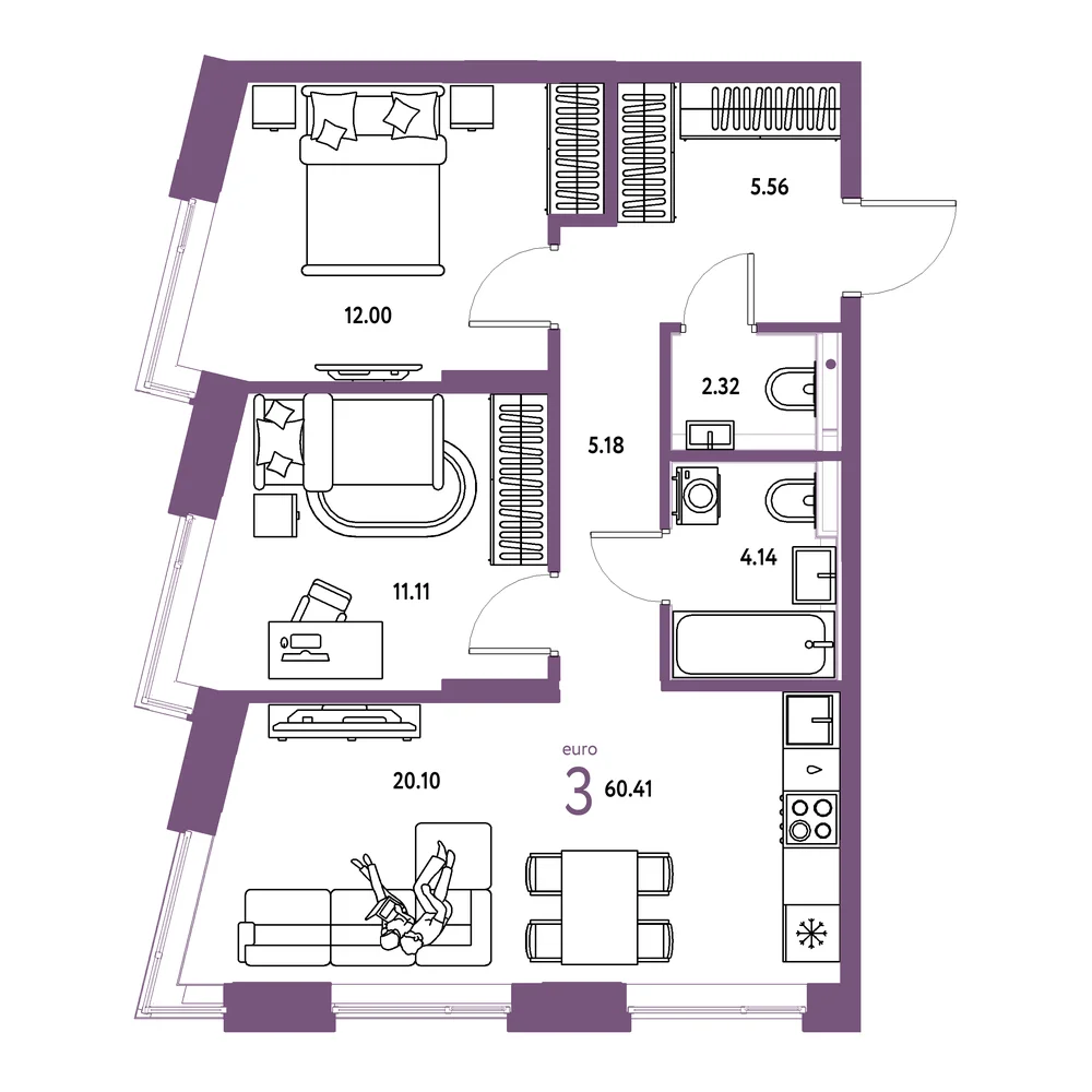 Планировка: Остров-сад 3-комнатная 60,41м²