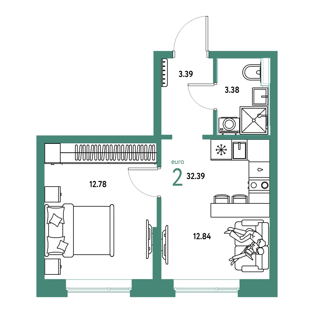 Планировка: Остров-сад 2-комнатная 32,39м²