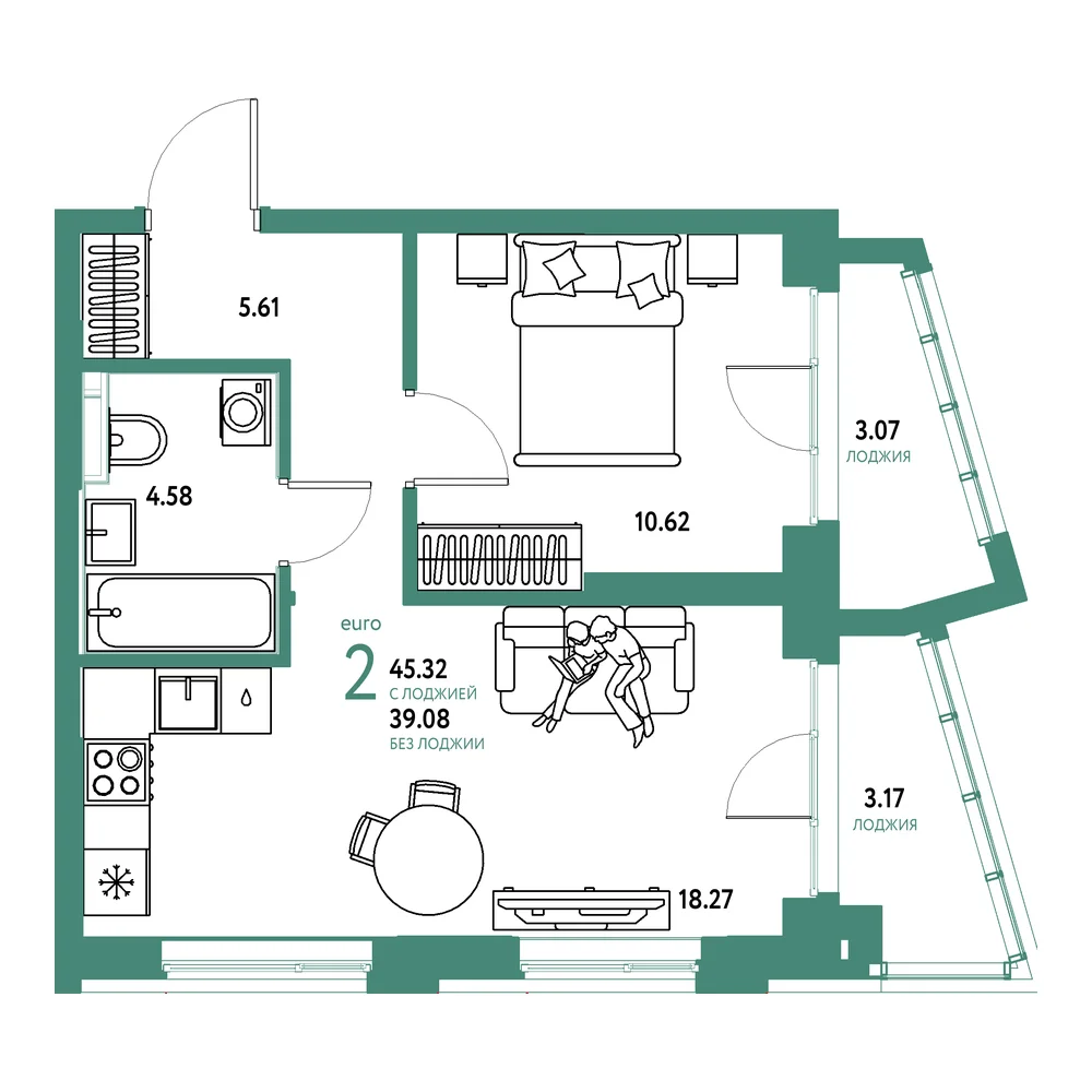 Планировка: Остров-сад 2-комнатная 45,32м²
