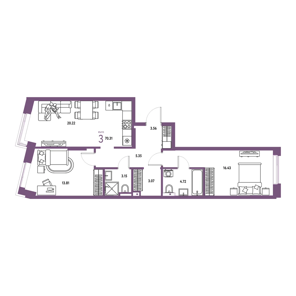Планировка: Остров-сад 3-комнатная 70,31м²