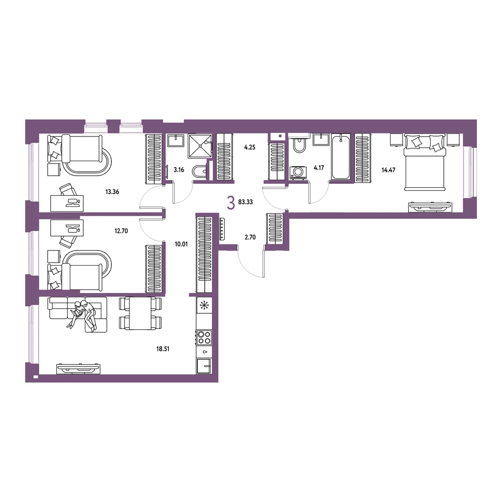 Планировка: Остров-сад 3-комнатная 83,33м²