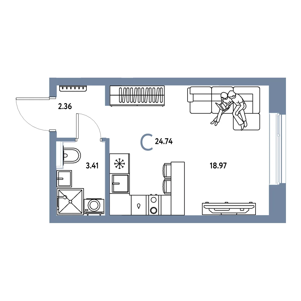 Планировка: Остров-сад Студия 24,74м²