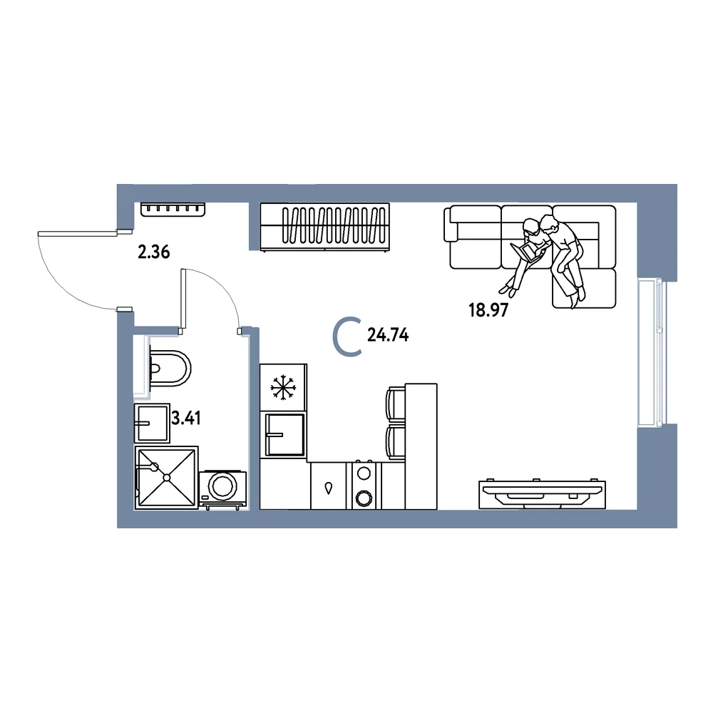 Планировка: Остров-сад Студия 24,74м²