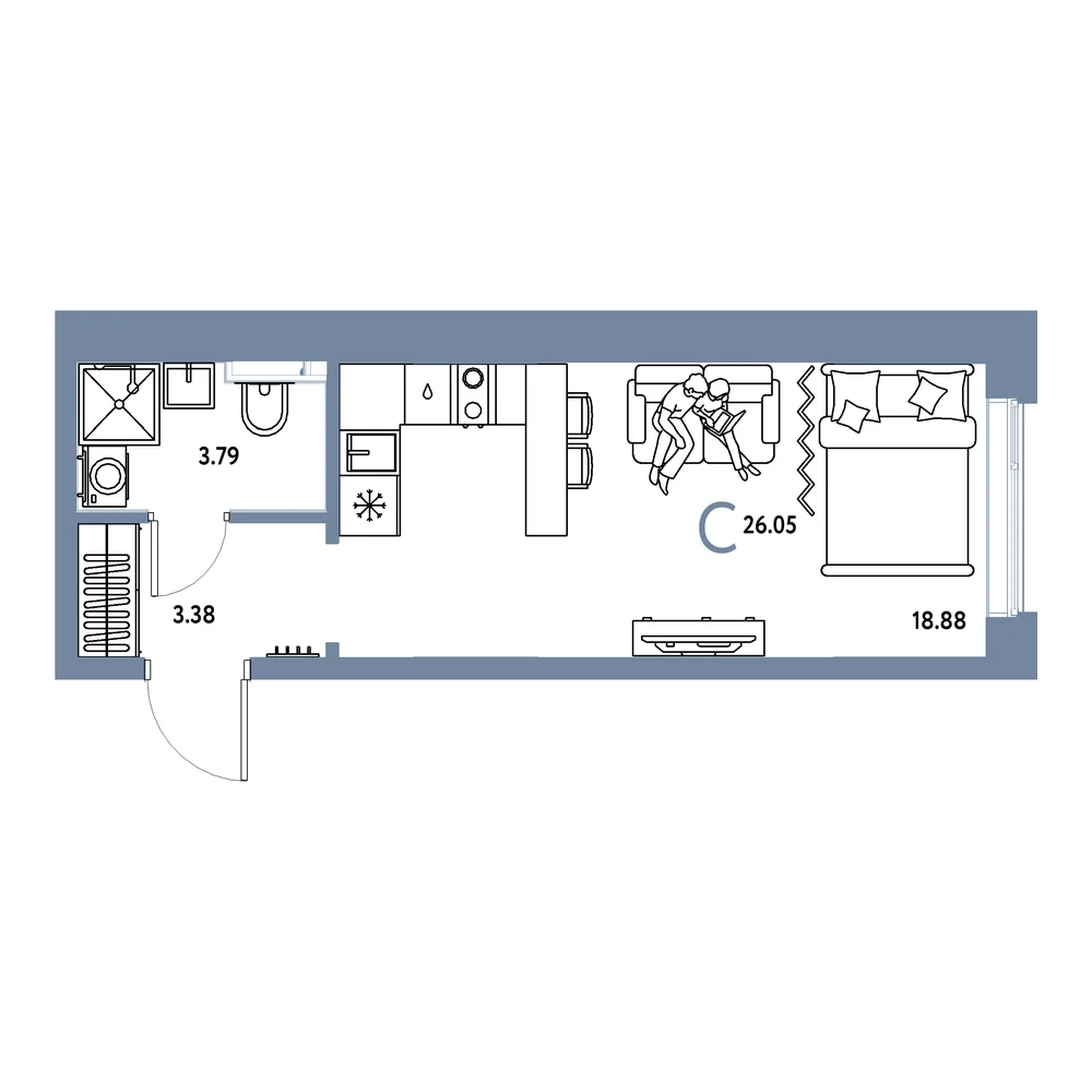 Планировка: Остров-сад Студия 26,05м²