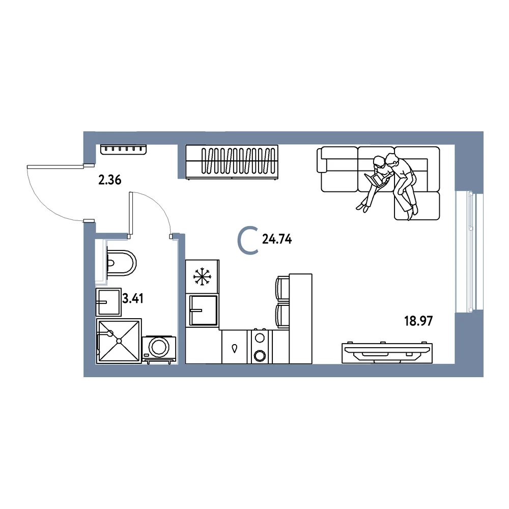 Планировка: Остров-сад Студия 24,74м²