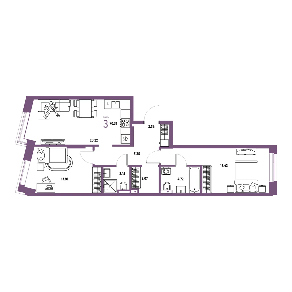 Планировка: Остров-сад 3-комнатная 70,31м²
