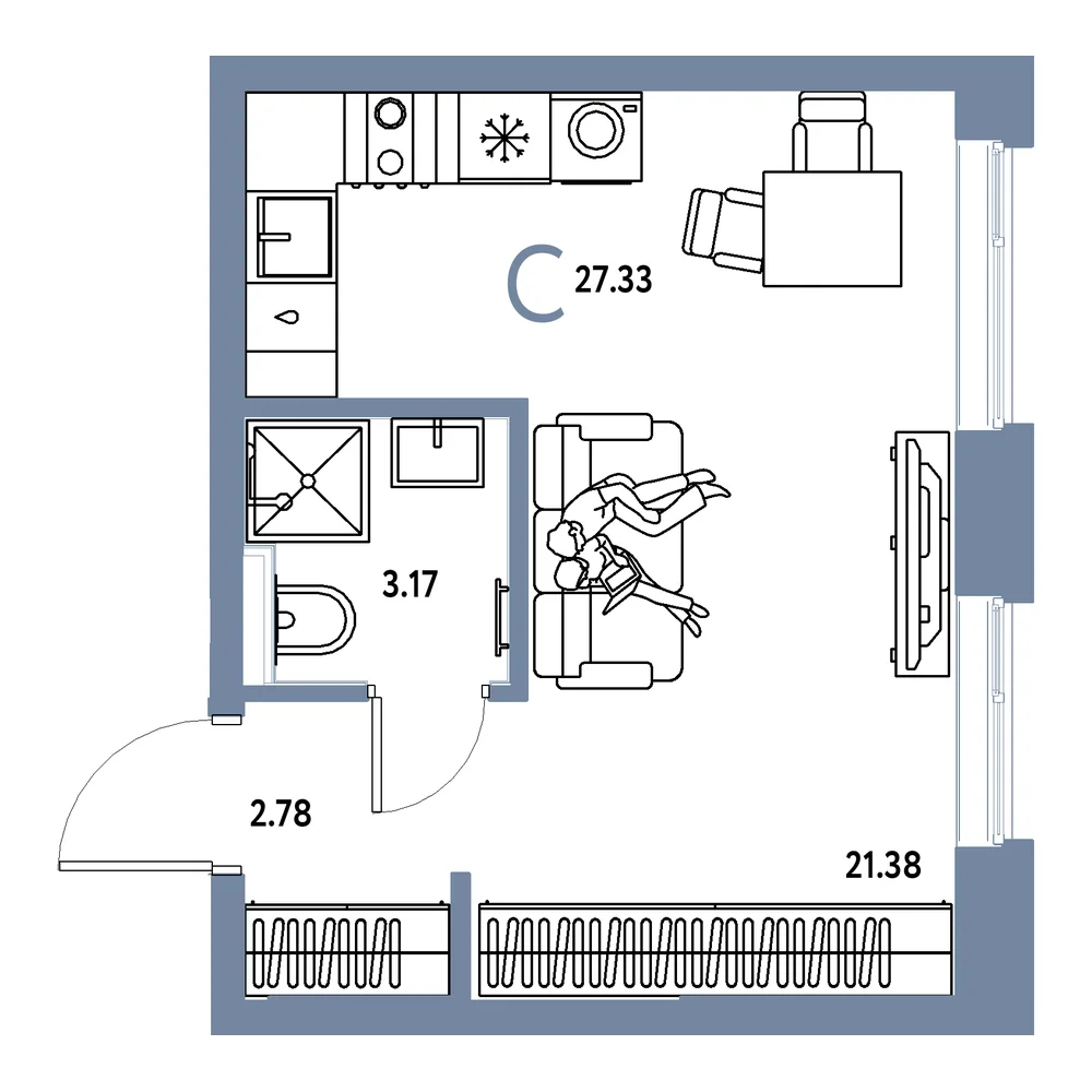 Планировка: Остров-сад Студия 27,33м²