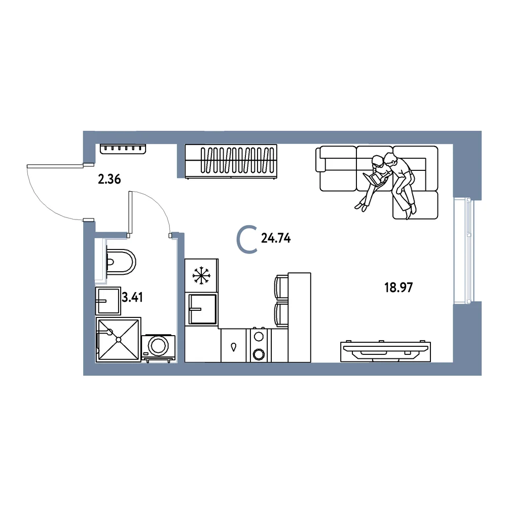 Планировка: Остров-сад Студия 24,74м²