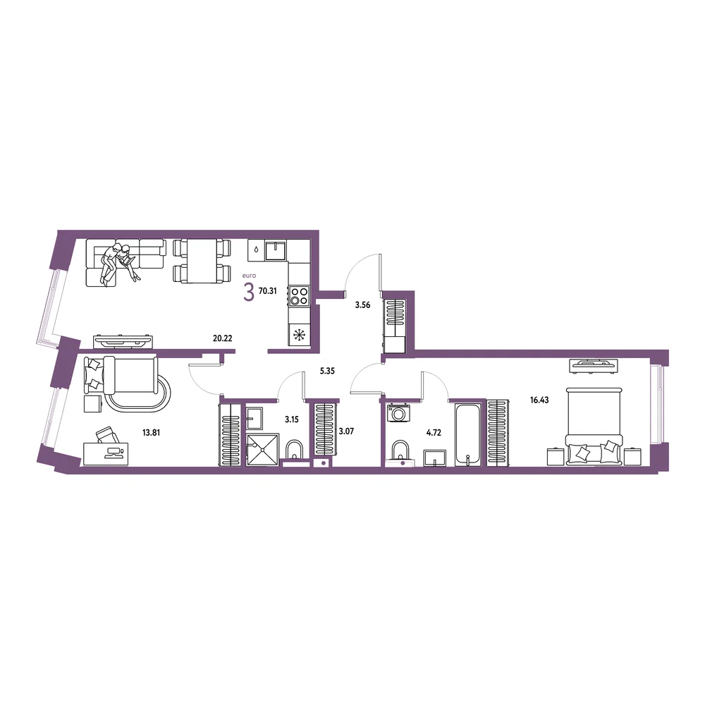 Планировка: Остров-сад 3-комнатная 70,31м²