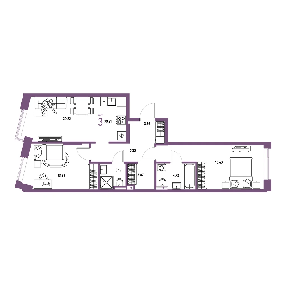 Планировка: Остров-сад 3-комнатная 70,31м²