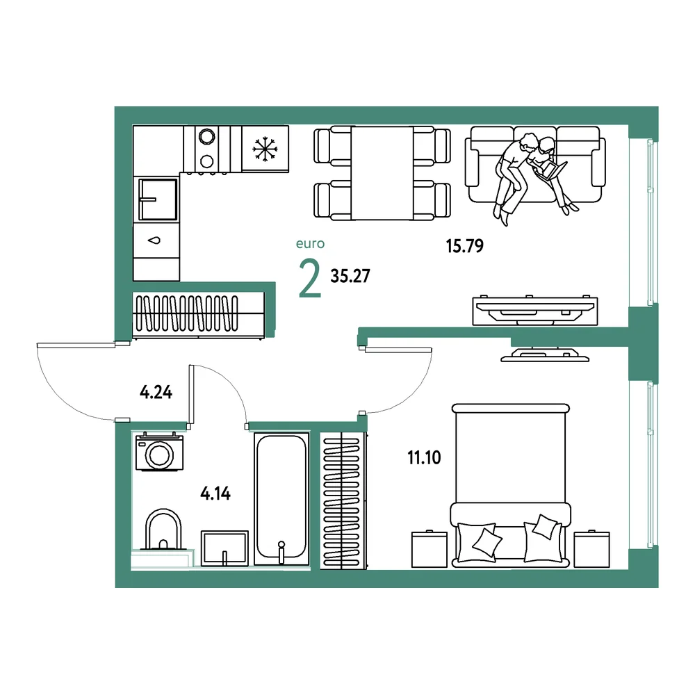 Планировка: Остров-сад 2-комнатная 35,27м²