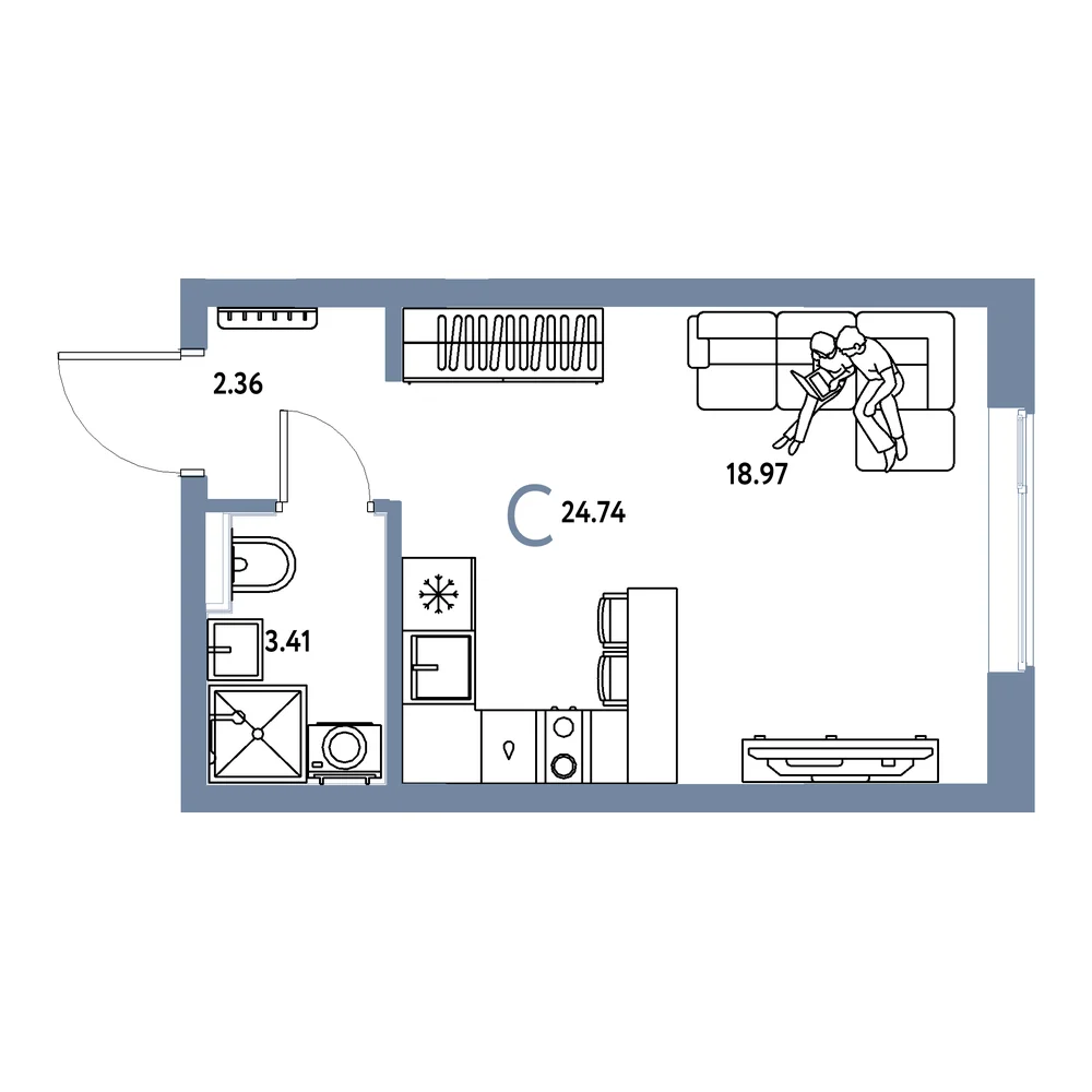 Планировка: Остров-сад Студия 24,74м²