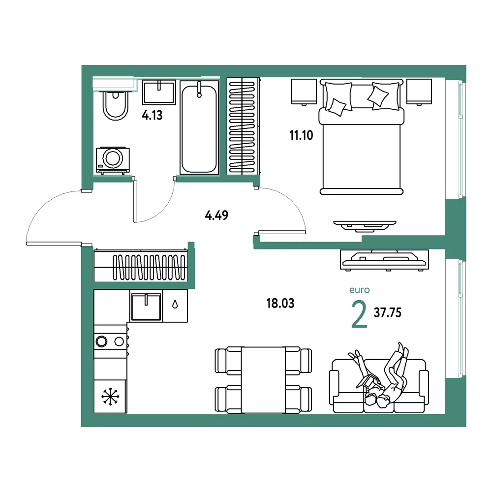 Планировка: Остров-сад 2-комнатная 37,75м²