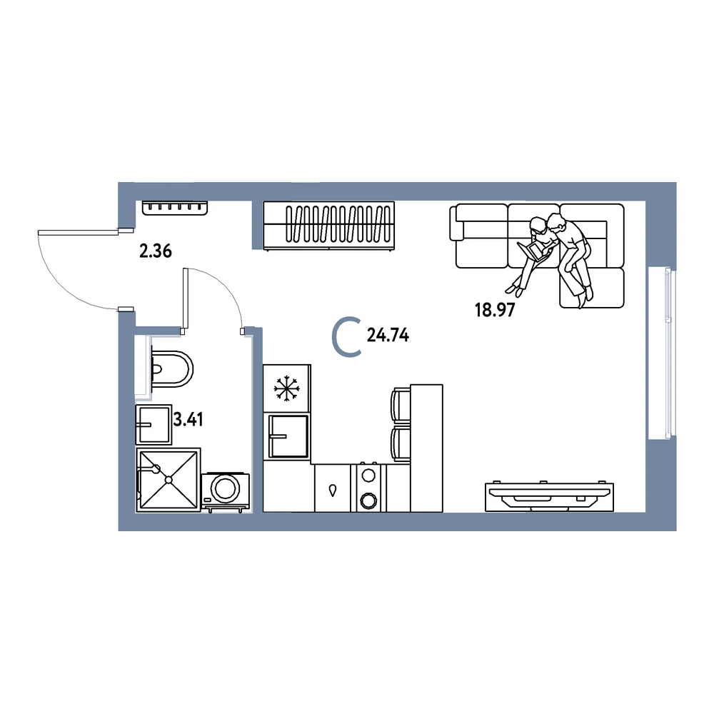 Планировка: Остров-сад Студия 24,74м²