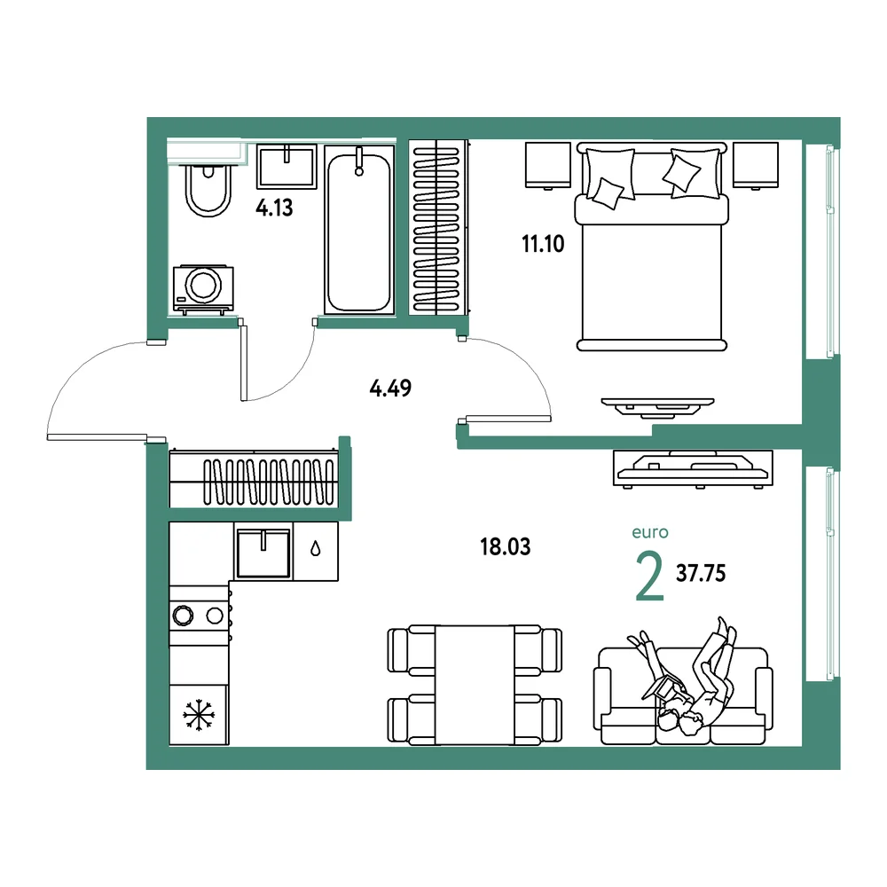 Планировка: Остров-сад 2-комнатная 37,75м²