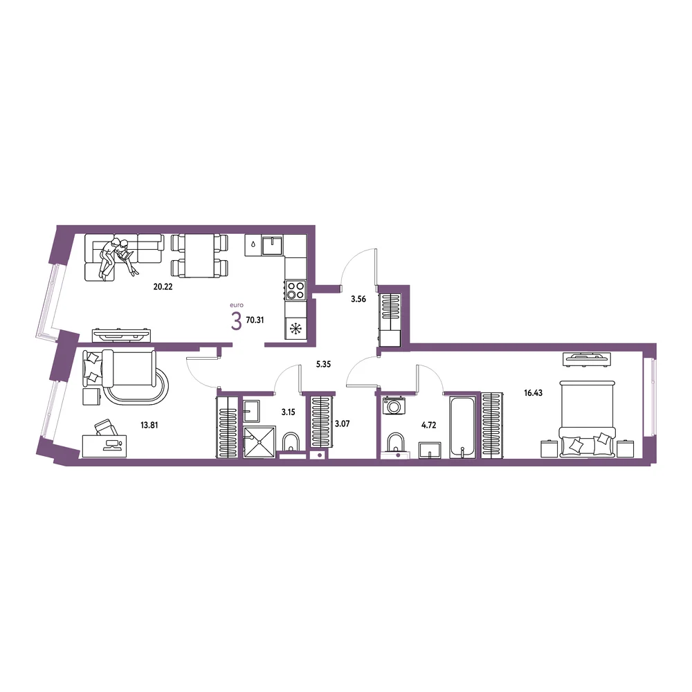 Планировка: Остров-сад 3-комнатная 70,31м²