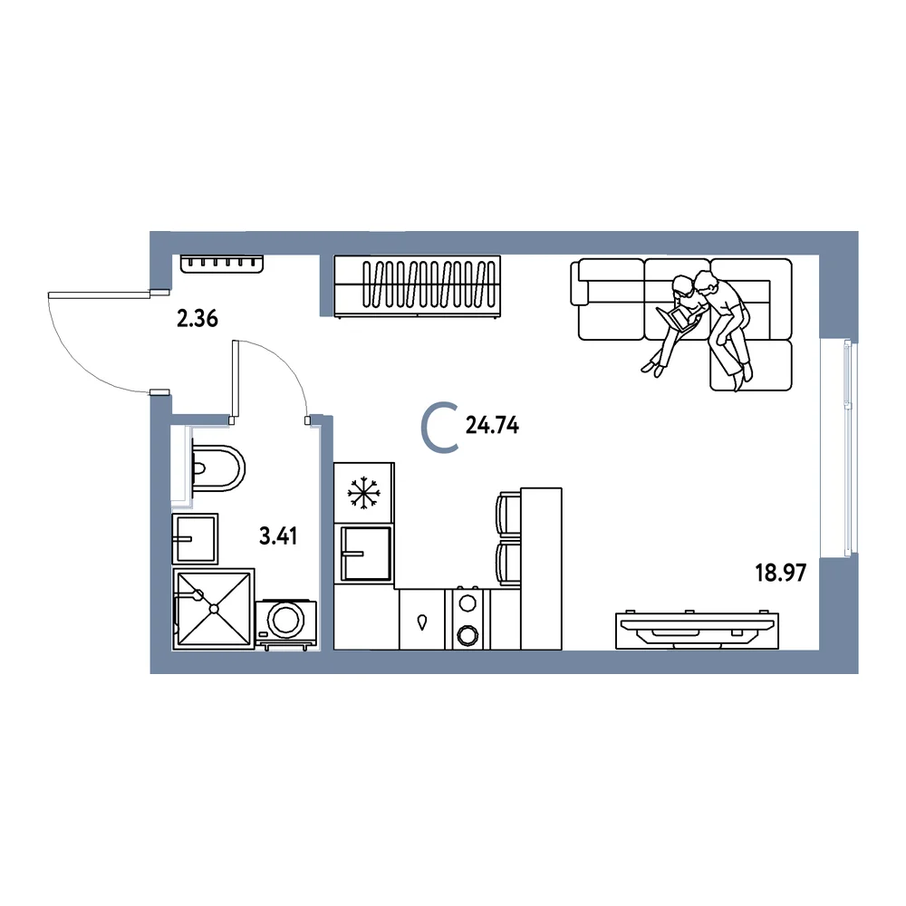 Планировка: Остров-сад Студия 24,74м²