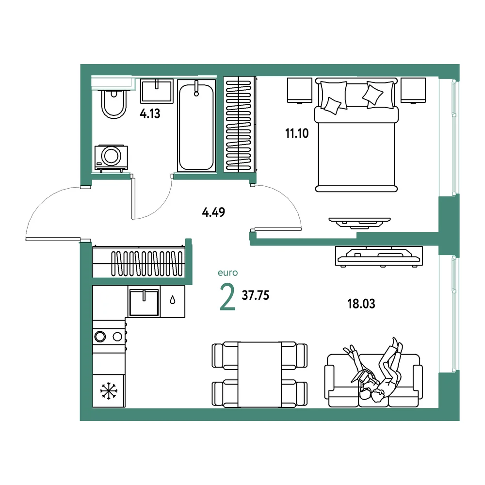 Планировка: Остров-сад 2-комнатная 37,75м²