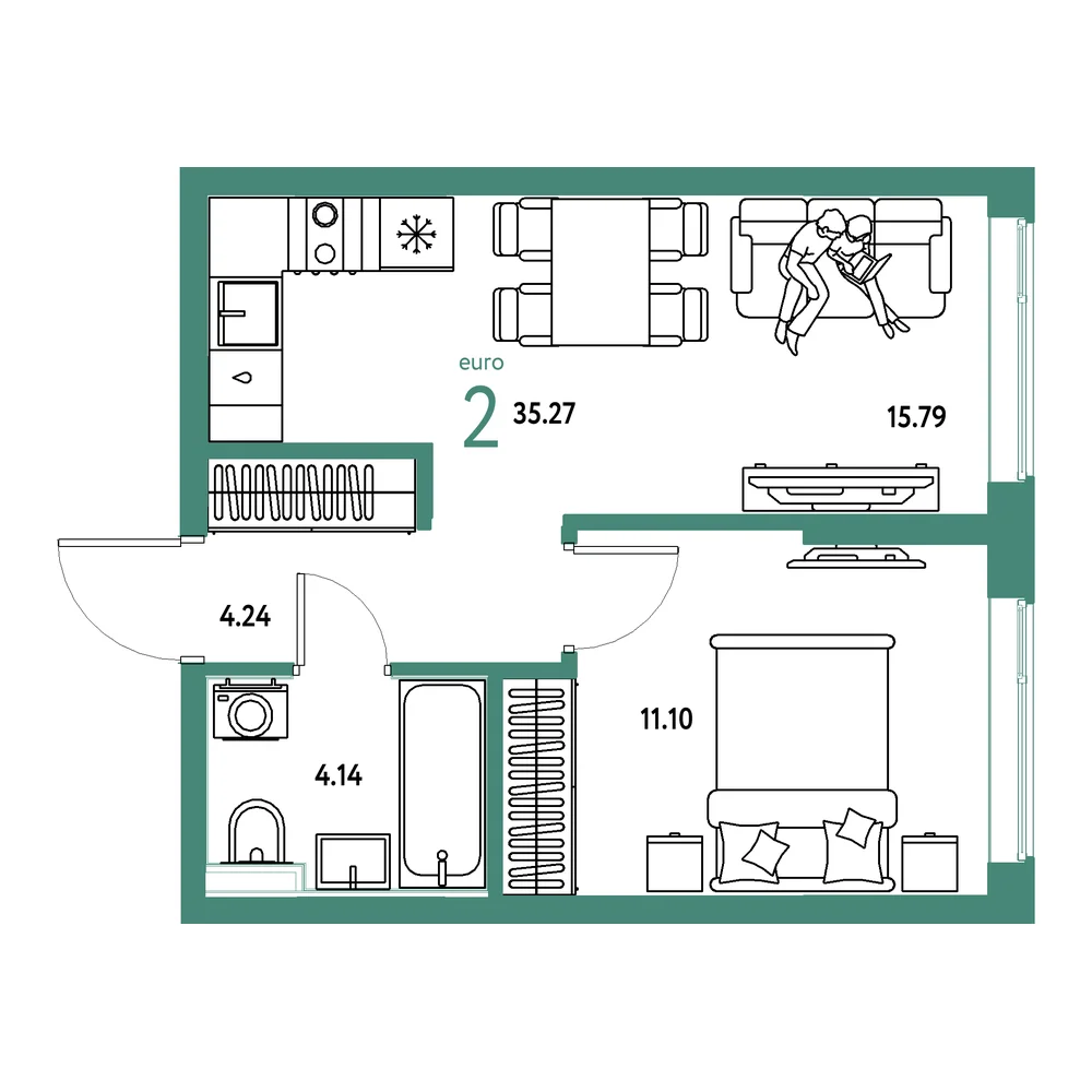 Планировка: Остров-сад 2-комнатная 35,27м²