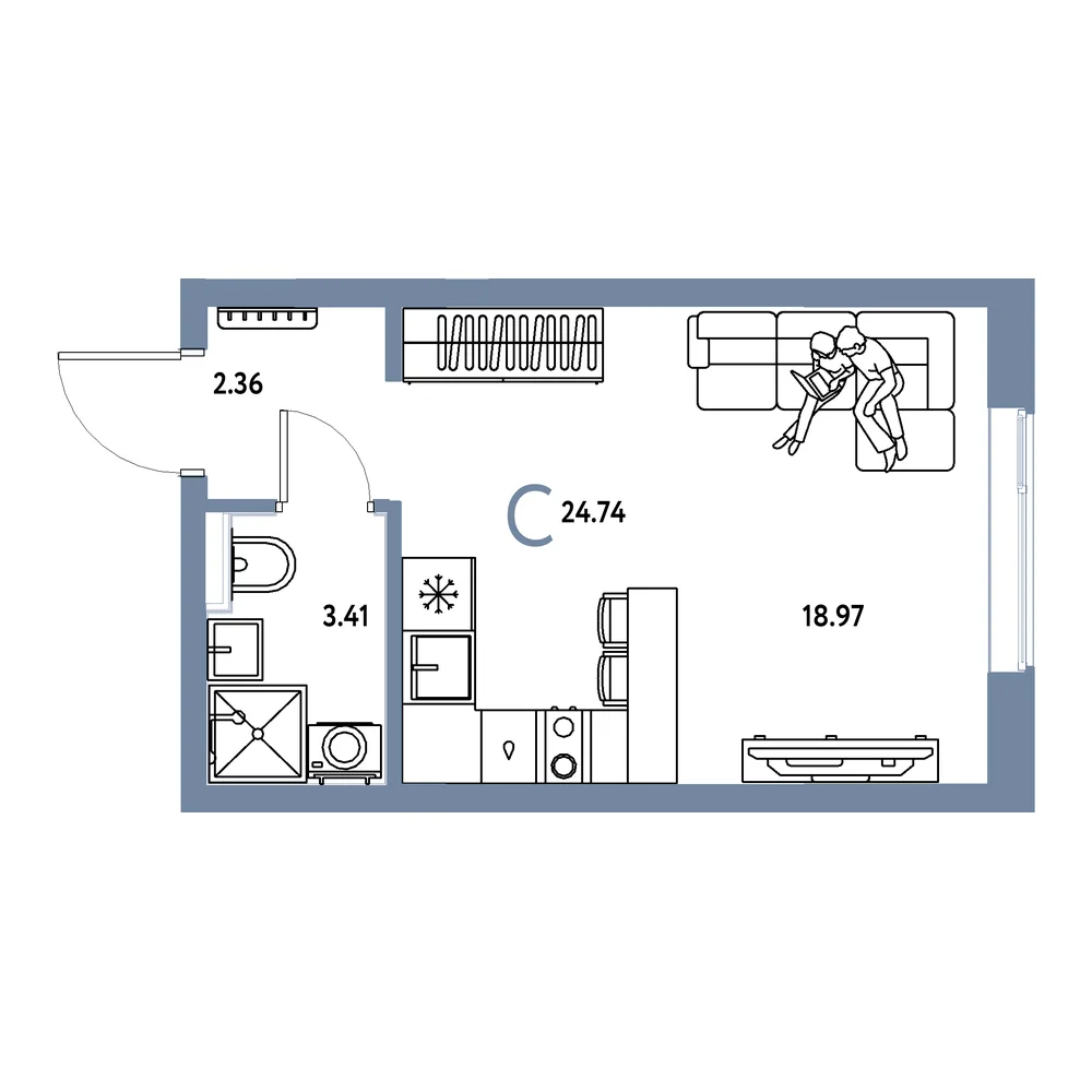 Планировка: Остров-сад Студия 24,74м²