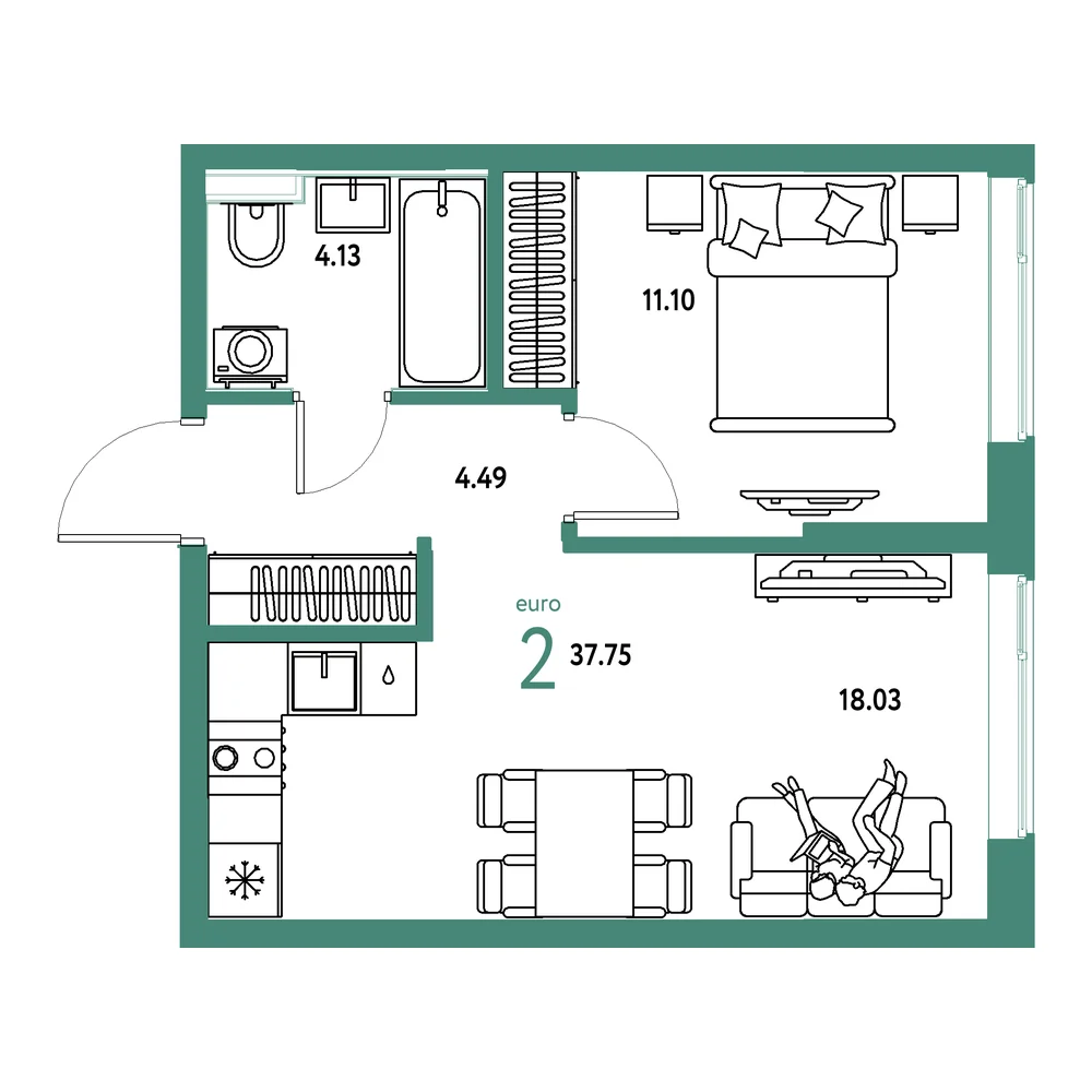 Планировка: Остров-сад 2-комнатная 37,75м²