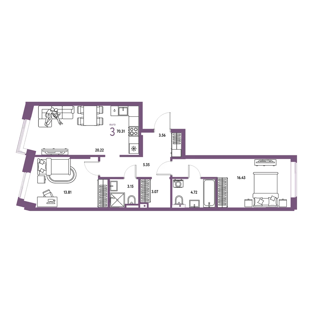 Планировка: Остров-сад 3-комнатная 70,31м²