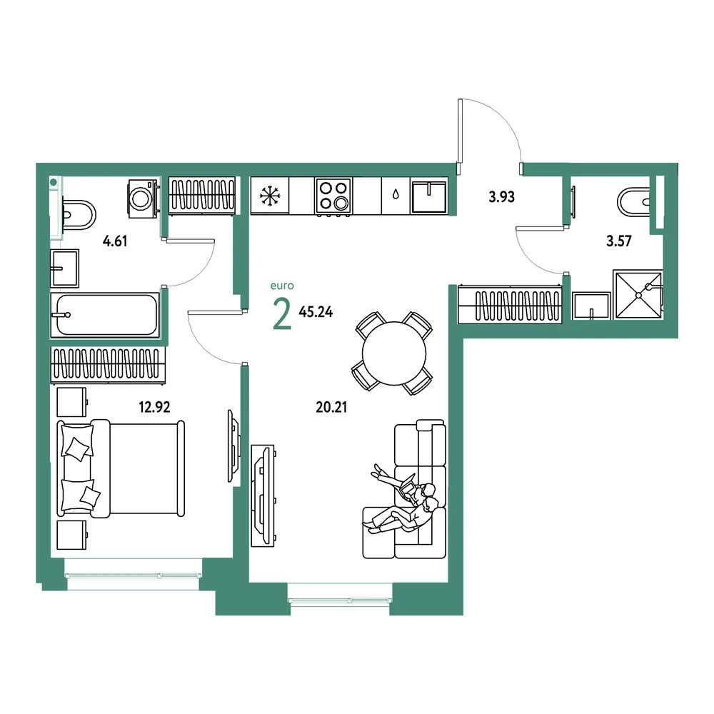 Планировка: Остров-сад 2-комнатная 45,24м²