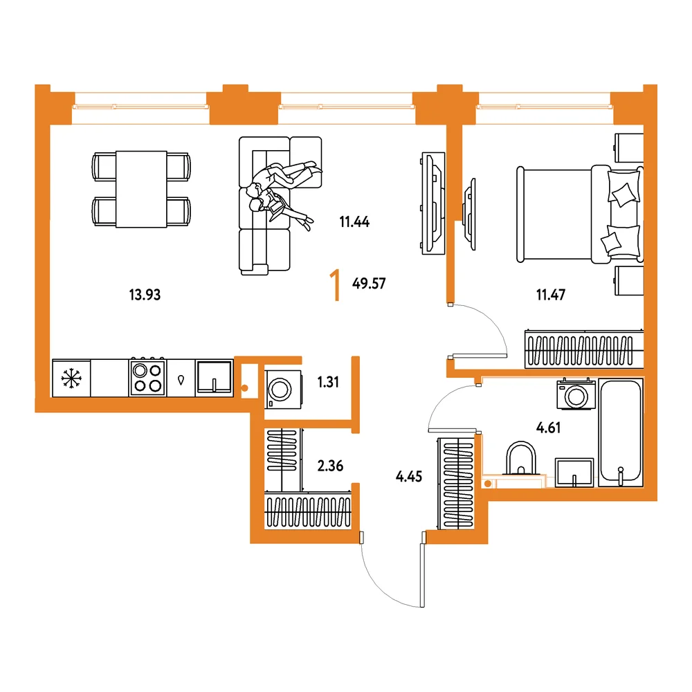 Планировка: Остров-сад 1-комнатная 49,57м²