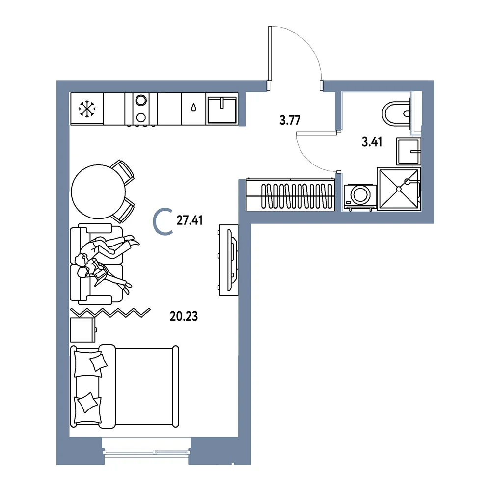 Планировка: Остров-сад Студия 27,41м²