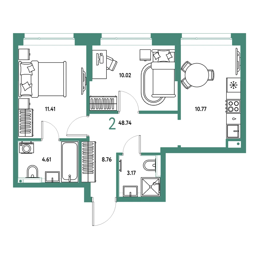 Планировка: Остров-сад 2-комнатная 48,74м²