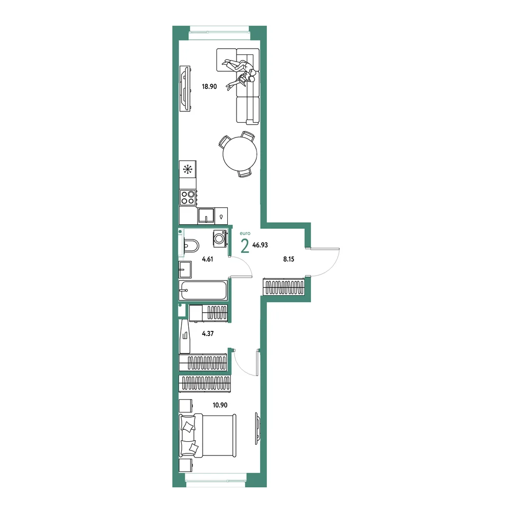Планировка: Остров-сад 2-комнатная 46,93м²