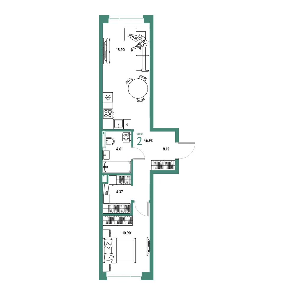 Планировка: Остров-сад 2-комнатная 46,93м²