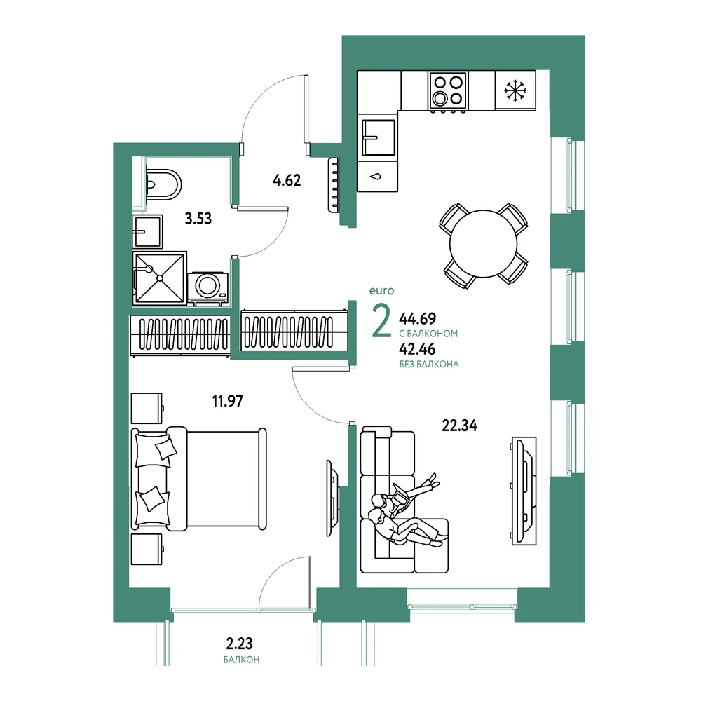 Планировка: Остров-сад 2-комнатная 44,69м²