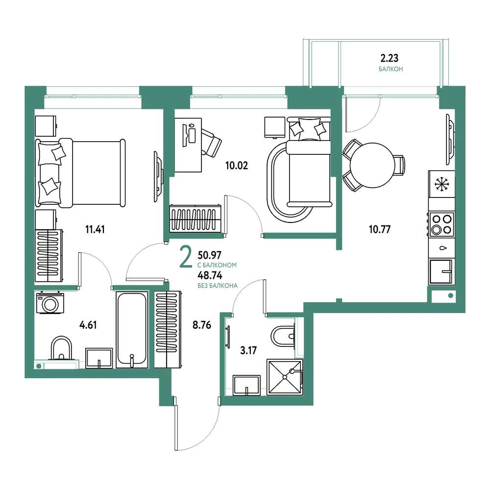 Планировка: Остров-сад 2-комнатная 50,97м²