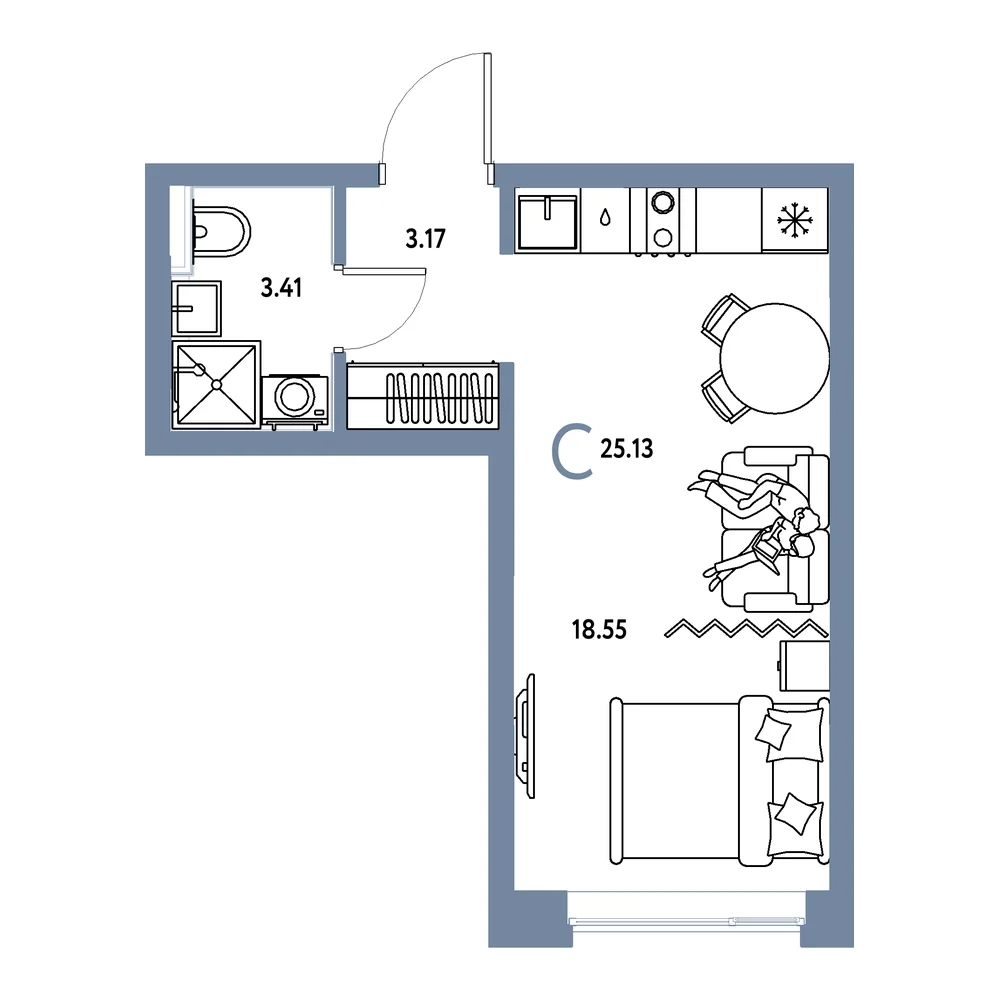 Планировка: Остров-сад Студия 25,13м²