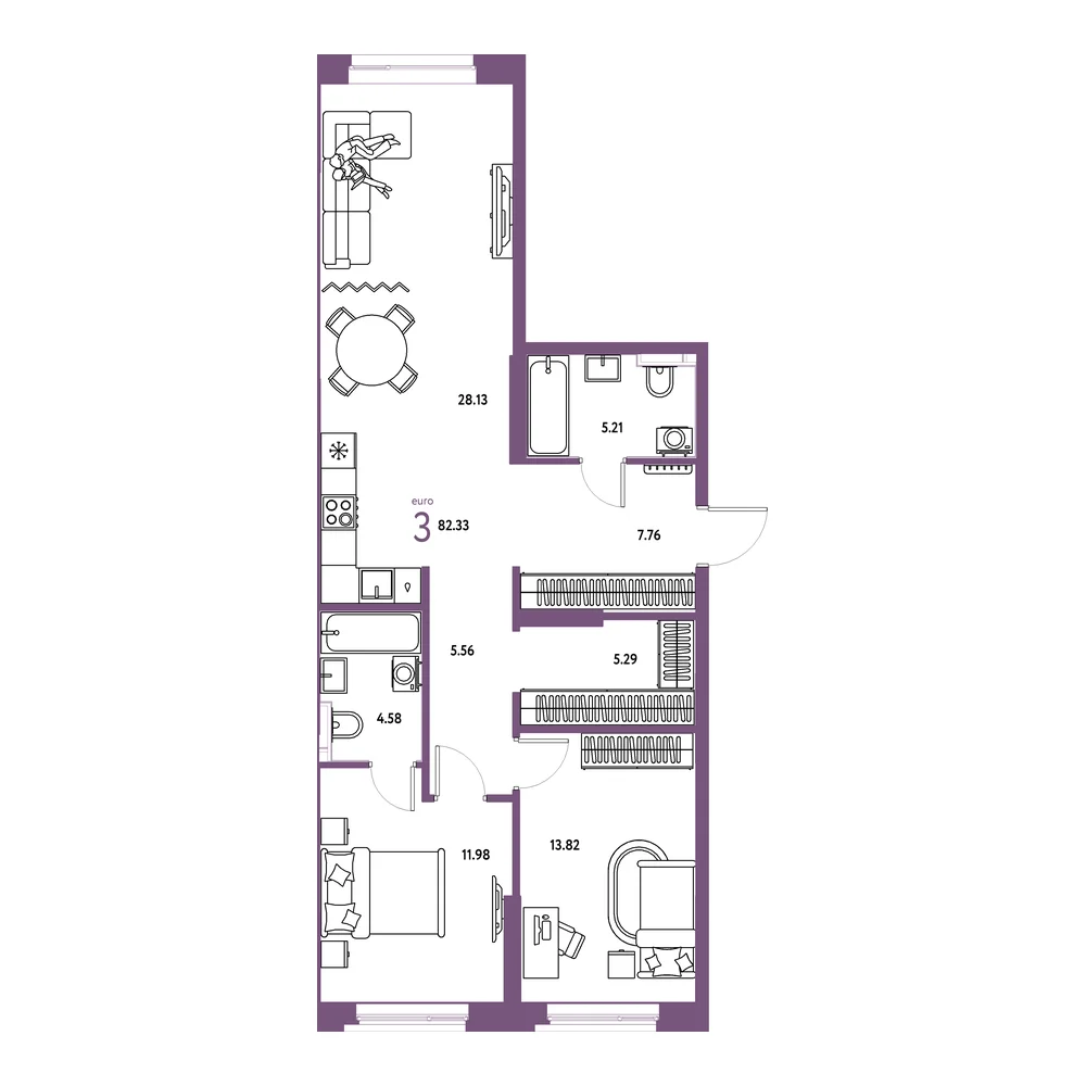 Планировка: Остров-сад 3-комнатная 82,33м²