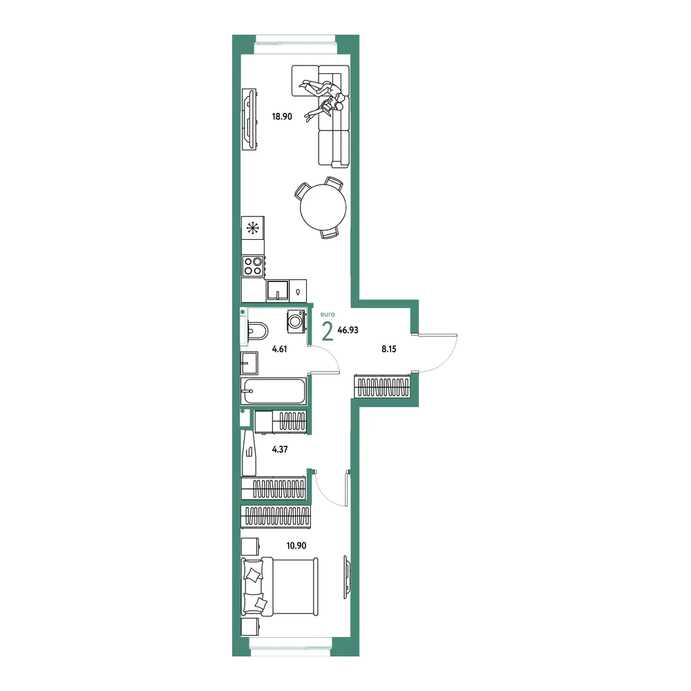 Планировка: Остров-сад 2-комнатная 46,93м²