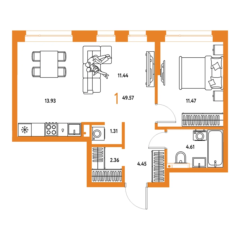 Планировка: Остров-сад 1-комнатная 49,57м²