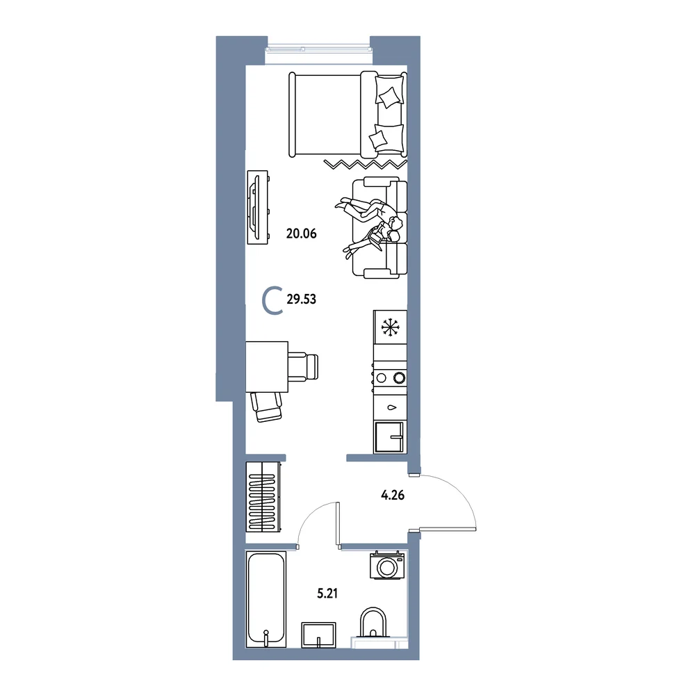 Планировка: Остров-сад Студия 29,53м²