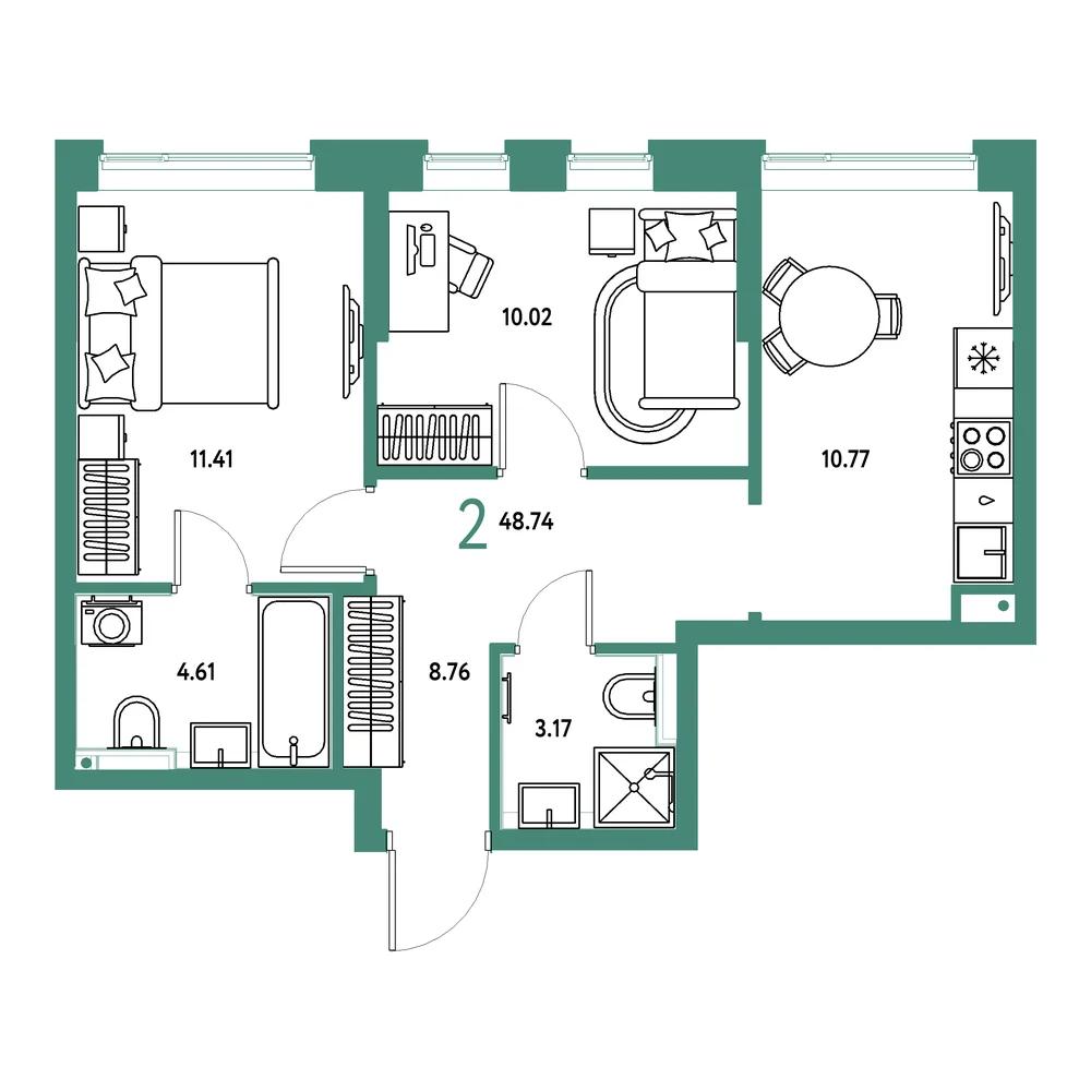 Планировка: Остров-сад 2-комнатная 48,74м²