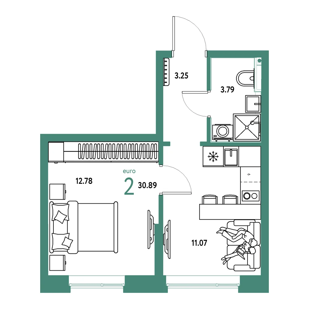 Планировка: Остров-сад 2-комнатная 30,89м²