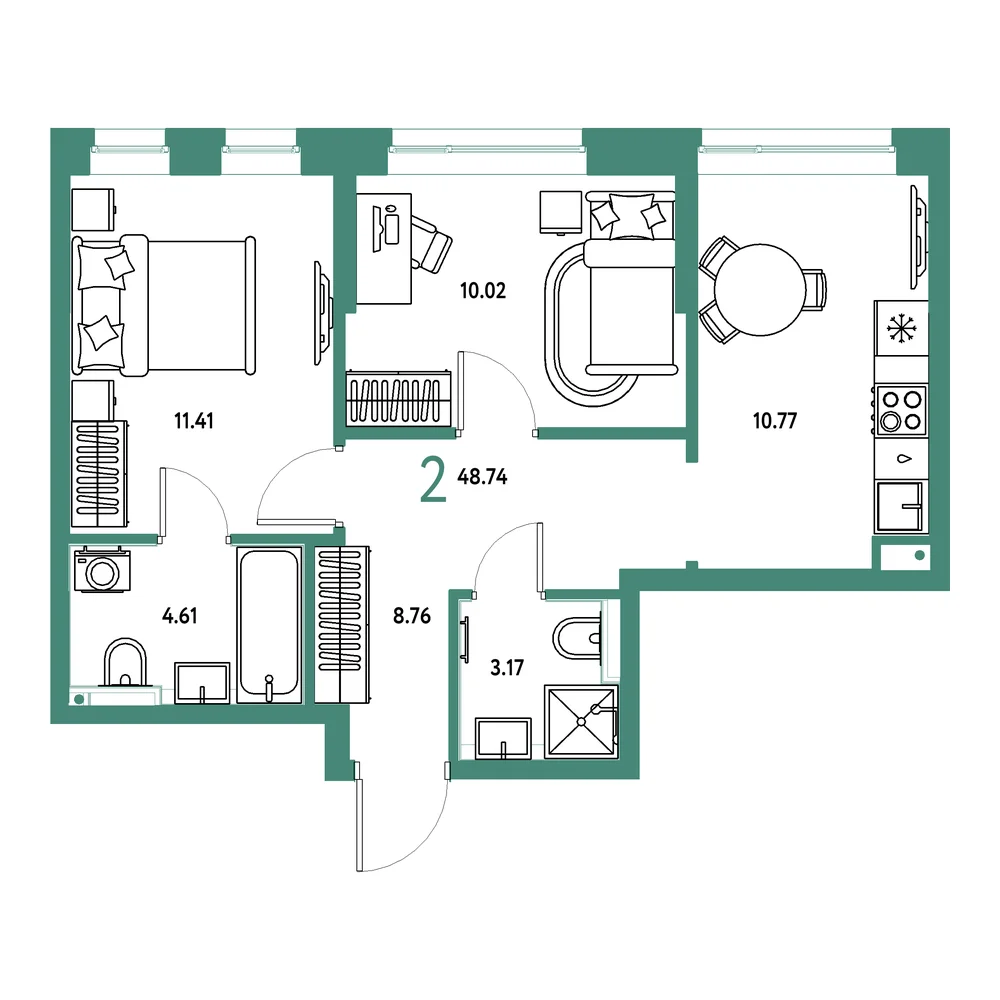Планировка: Остров-сад 2-комнатная 48,74м²